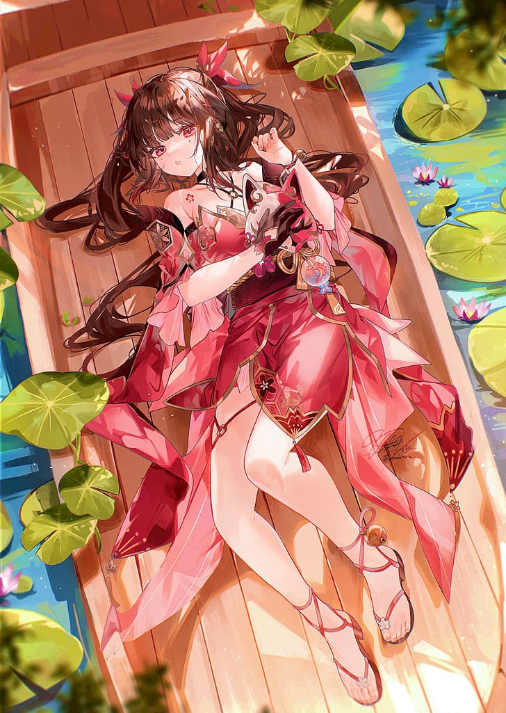 Honkai: Star Rail, brunette, portrait display, twintails, Sparkle (Honkai: Star Rail), red dress, Utsuhostoria, looking at viewer, long hair, water lilies, bare shoulders, women outdoors, red eyes, high angle, missing glove, lying on back, fox mask, water, dress, canoes, HD wallpaper