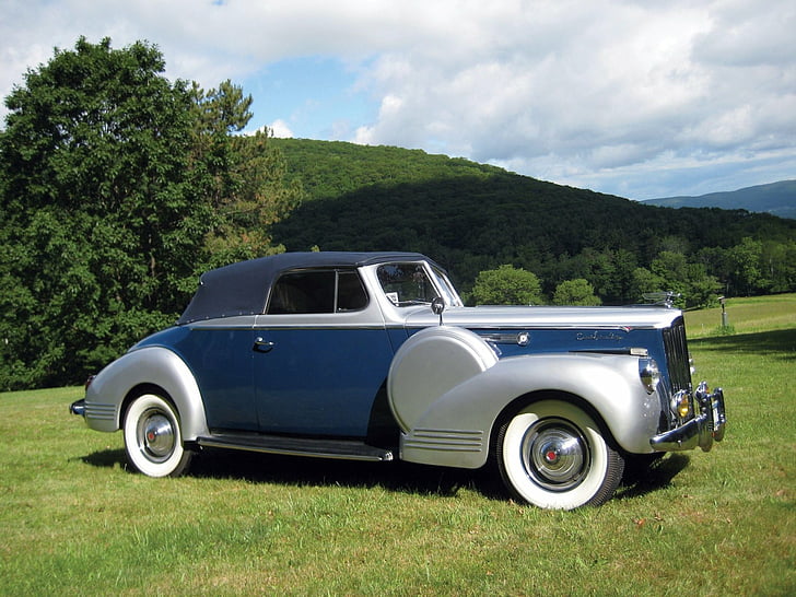 Packard, Packard Super Eight 160, Синий Автомобиль, Автомобиль, Старый Автомобиль, Packard Super Eight 160 Кабриолет Виктория, Винтажный Автомобиль, HD обои