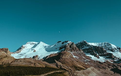 白い氷で覆われた山、山、風景、自然、フレイア、雪、カナダ、小学校OS、月、ロッキー山脈、ジャスパー国立公園、 HDデスクトップの壁紙 HD wallpaper