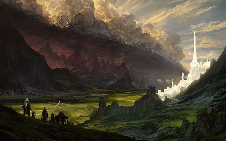 people at the mountain painting, fantasy art, The Lord of the Rings, HD wallpaper