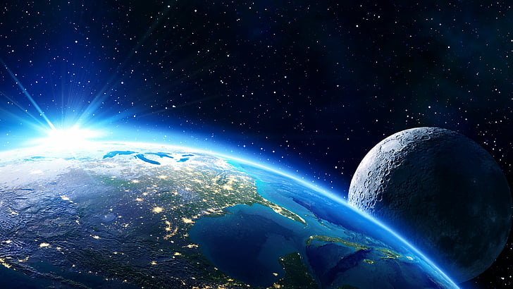 Cyfrowe zdjęcie Ziemi i Księżyca, Ziemia, Księżyc, Planeta, Gwiazda, 5k, Tapety HD