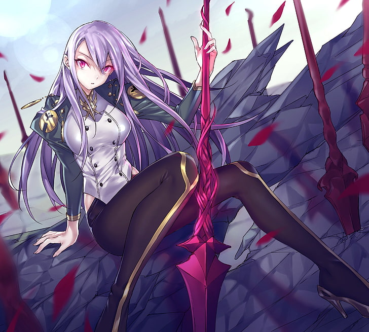 purple haired female Anime character illustration, anime, anime girls, heels, weapon, purple hair, pink eyes, long hair, Lancer (Fate/Grand Order), Fate/Grand Order, HD wallpaper