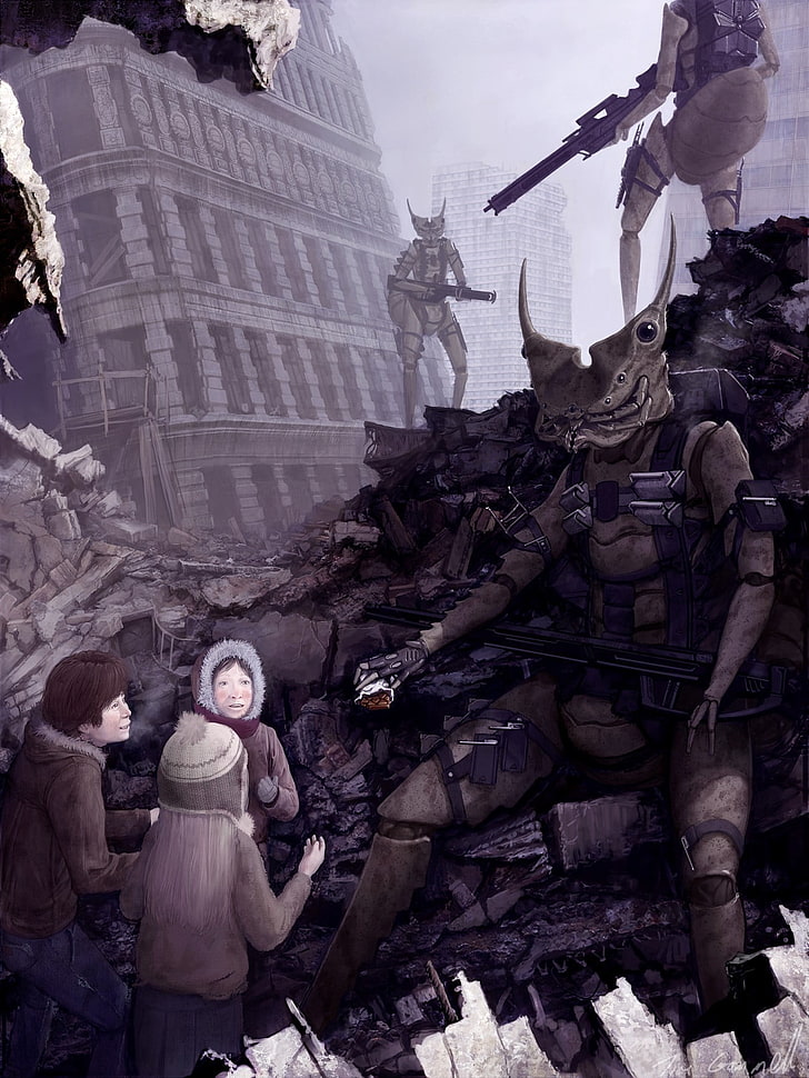 robot and people war painting, robot, apocalyptic, HD wallpaper