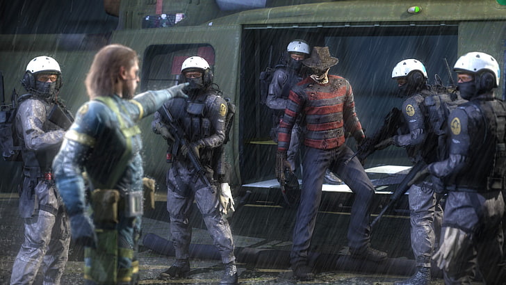 Hombres con ilustración de casco blanco, Metal Gear Solid, Freddy Krueger, crossover, ilustraciones, Metal Gear, Metal Gear Solid V: Ground Zeroes, Fondo de pantalla HD