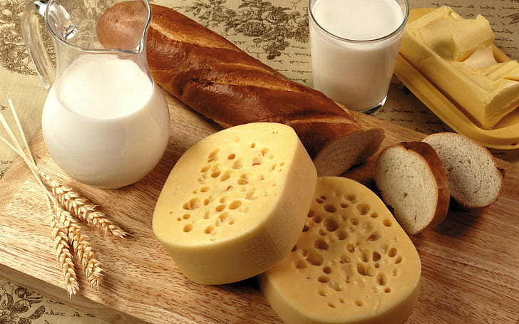еда, хлеб, сыр, молоко, масло сливочное, HD обои