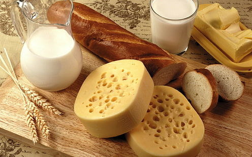 еда, хлеб, сыр, молоко, масло сливочное, HD обои HD wallpaper