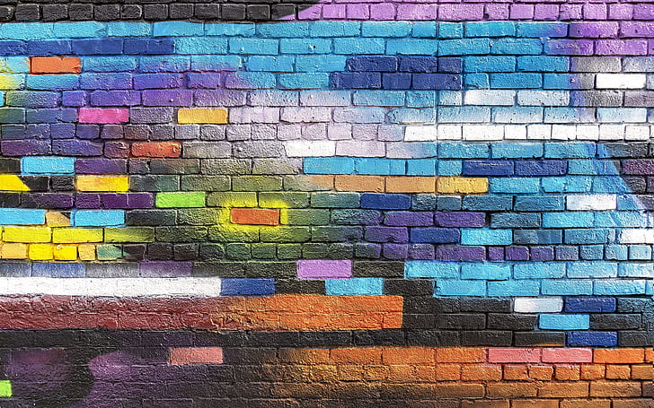 colorful, wall, graffiti, textures, paint, brick, street art, 4k ultra hd background, HD wallpaper