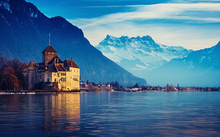 Switzerland, Lake Geneva, house, mountains, water, blue sky, Switzerland, Lake, Geneva, House, Mountains, Water, Blue, Sky, HD wallpaper