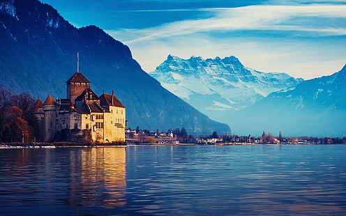 Швейцария, Женевское озеро, дом, горы, вода, голубое небо, Швейцария, Озеро, Женева, дом, горы, вода, голубое небо, HD обои HD wallpaper