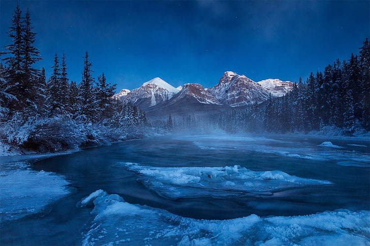 Alberta, Canada, clouds, forest, ice, lake, landscape, mist, mountain, nature, night, snow, Trees, winter, HD wallpaper