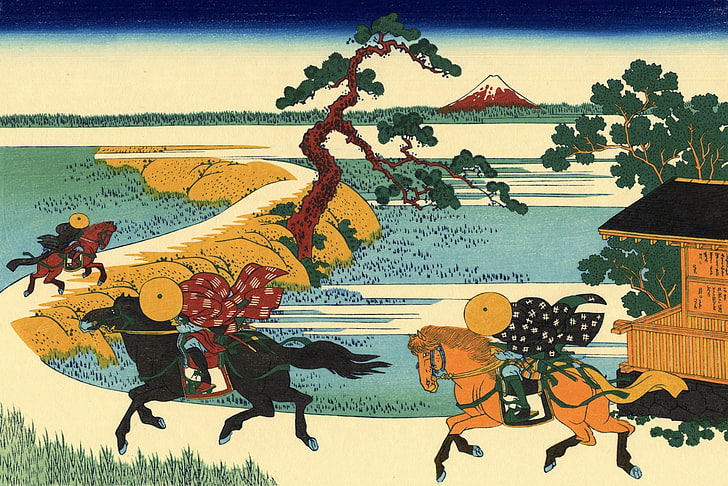 Katsushika Hokusai, pessoa montando cavalo ilustração, arte e criativo, arte, HD papel de parede