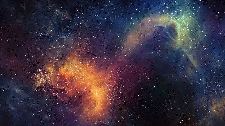 papel tapiz digital de galaxia azul y naranja, negro, amarillo y verde azulado, abstracto, espacio, nebulosa, arte espacial, TylerCreatesWorlds, arte digital, obra de arte, estrellas, nubes espaciales, Fondo de pantalla HD