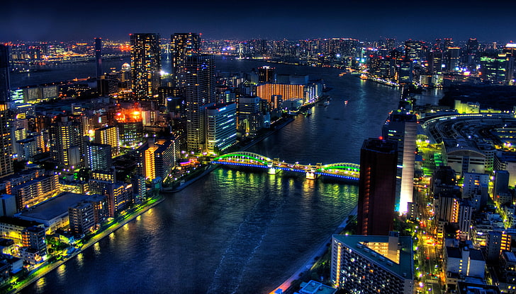 white suspension bridge, night, bridge, lights, river, building, Japan, Tokyo, megapolis, HD wallpaper
