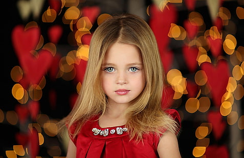 Фотография, дете, блондинка, боке, сладко, момиче, зелени очи, момиченце, червена рокля, HD тапет HD wallpaper