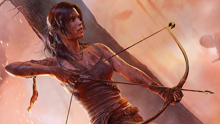 Kadın kahverengi yay, ok ve yay, Tomb Raider, Lara Croft, video oyunları, HD masaüstü duvar kağıdı