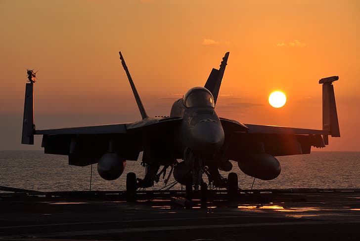the sun, Sunset, deck, attack, American, fighter-bomber, Boeing F/A-18E/F Super Hornet, Boeing F/A-18E/F 