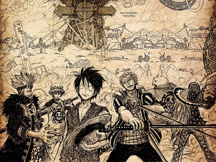 One Piece illustration, Anime, One Piece, Bepo (One Piece), Eustass (One Piece), Killer (One Piece), Monkey D. Luffy, Trafalgar Law, Zoro Roronoa, HD wallpaper