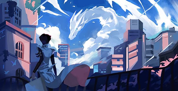 유희왕 오피셜, 카이바 세토, 푸른 눈의 백룡, 구름, 도시, HD 배경 화면 HD wallpaper