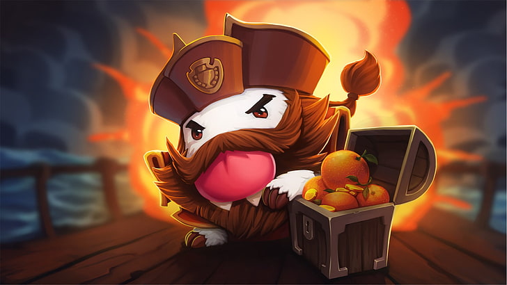 white lion wearing hat beside chest filled with orange fruits illustration, League of Legends, Poro, Gangplank, HD wallpaper