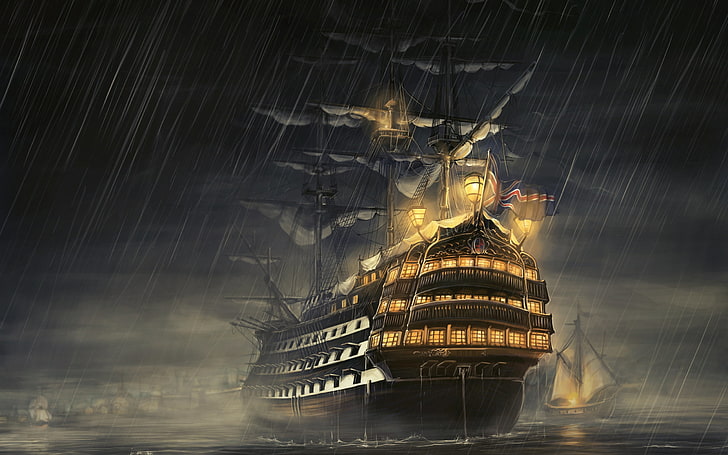 segelfartyg medan det regnar målning, fartyg, hav, ljus, regn, HD tapet
