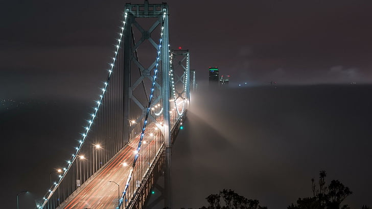 notte, punto di riferimento, ponte, nebbioso, nebbia, baia di San Francisco, oscurità, San Francisco, Stati Uniti, California, cielo, nebbioso, attrazione turistica, luci della città, nebbia, Sfondo HD