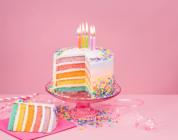 lights, background, pink, birthday, holiday, the sweetness, candles, candy, cake, vase, ribbon, HD wallpaper