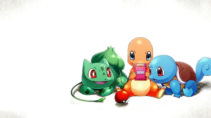 tapeta z trzema postaciami Pokemonów, Pokémon, Charmander, Bulbasaur, Squirtle, GameBoy, białe tło, Tapety HD