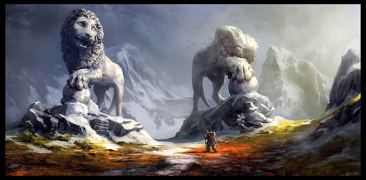 два льва и статуя тигра цифровые обои, статуя, дорога, воин, лев, HD обои