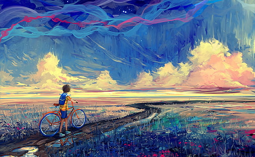 Podróż rowerowa, Artystyczne, Rysunki, #amazingart, #digitalart, #krajobraz, #painting, #Child, #Bicycle, #Path, Tapety HD HD wallpaper