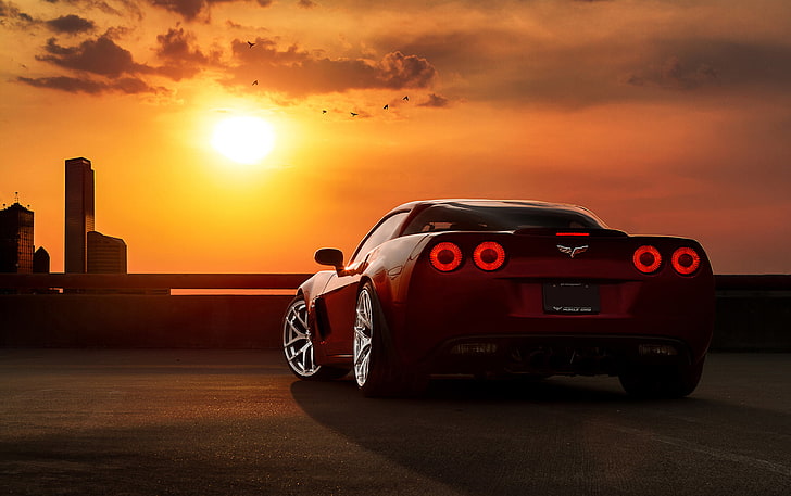 red Chevrolet Corvette, auto, the sky, clouds, sunset, machine, tuning, corvette, chevrolet, HD wallpaper