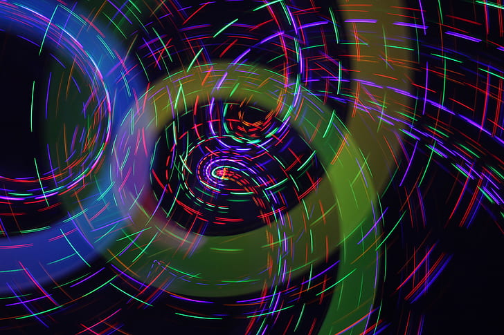 digital art, abstract, spiral, colorful, light trails, blue, green, simple background, HD wallpaper
