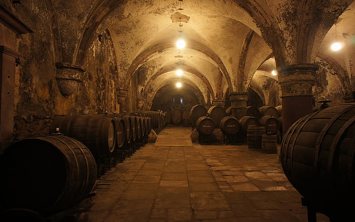 Castillo de hormigón marrón, barriles, vino, bodegas, abadía de Eberbach, Alemania, Fondo de pantalla HD