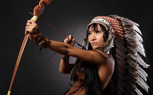 Native American archer woman, bow, headdress, feathers, arrows, model, HD wallpaper HD wallpaper