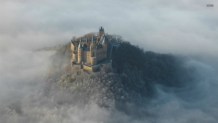 gray and blue concrete castle, castle, Hohenzollern, Germany, forest, mist, watermarked, HD wallpaper