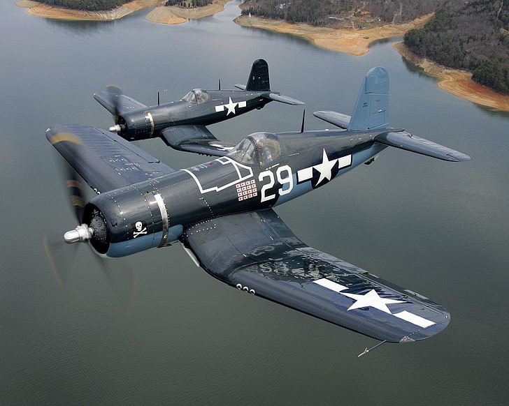 два черно-серых боевых самолета, военные самолеты, Vought F4U Corsair, HD обои