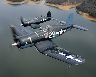 dos aviones de combate negros y grises, aviones militares, corsario Vought F4U, Fondo de pantalla HD HD wallpaper