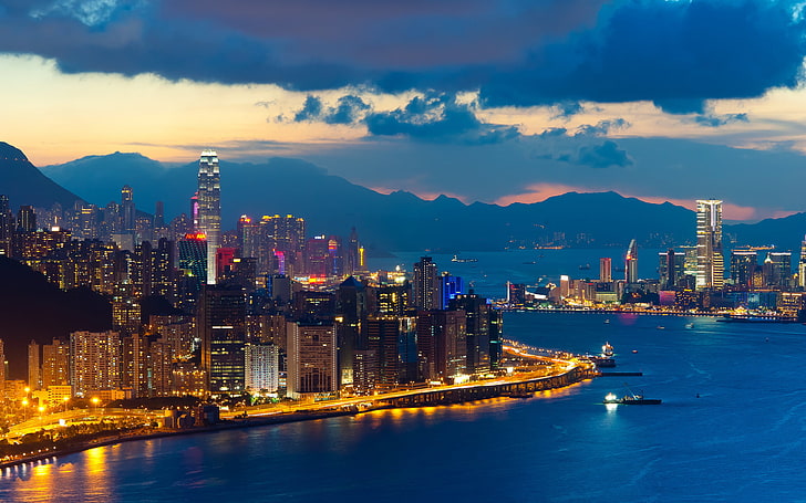 Arranha-céus de Hong Kong ao entardecer, papel de parede paisagem da cidade de Xangai, paisagens urbanas, Hong Kong, paisagem urbana, cidade, luz, noite, HD papel de parede