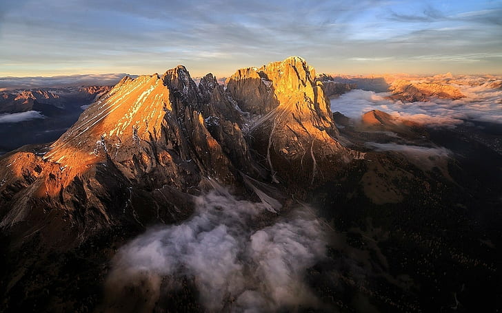 пейзаж природа гора восход альпы доломиты горы италия аэрофотоснимок облака, HD обои