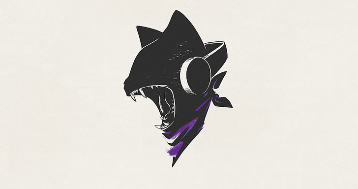 черна котка, носеща слушалки илюстрация, Monstercat, проста, минимализъм, прост фон, HD тапет