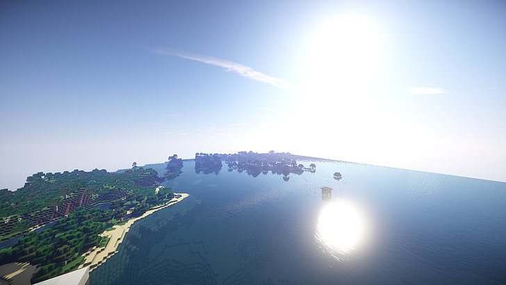 вид с воздуха на пляж, Minecraft, лава, вода, солнце, море, горы, HD обои