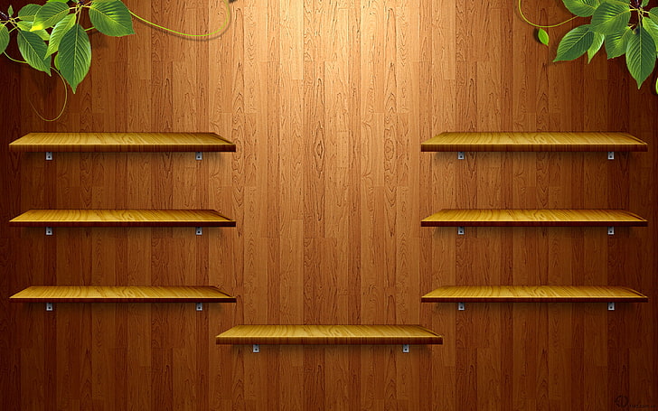 prateleiras de montagem na parede de madeira marrom, verdes, árvore, textura, prateleiras, HD papel de parede