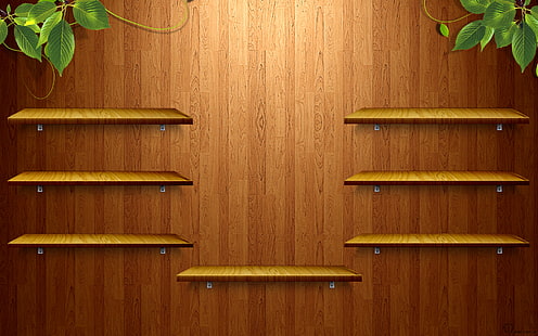коричневые деревянные настенные стойки, зелень, дерево, фактура, полки, HD обои HD wallpaper