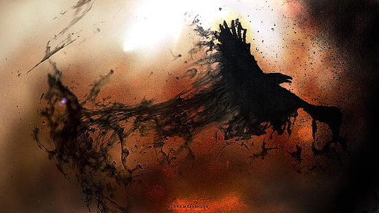 illustrazione di uccello nero, buio, corvo, opera d'arte, fumo, compendio, fantasy art, arte digitale, Sfondo HD HD wallpaper