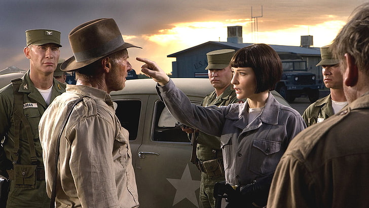 kobieta wskazująca mężczyzna scena filmowa, filmy, Indiana Jones, Indiana Jones i Królestwo Kryształowej Czaszki, Harrison Ford, Cate Blanchett, Tapety HD