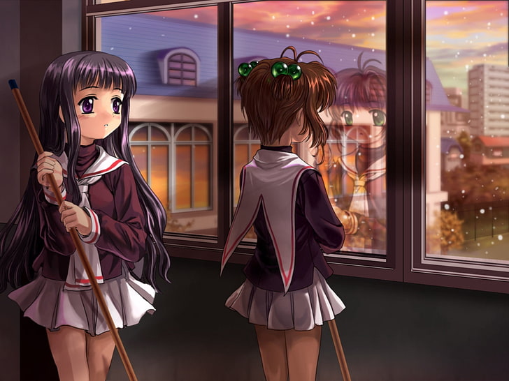 two female anime characters holding cue sticks, card captor sakura, girl, cue, window, snow, sadness, HD wallpaper