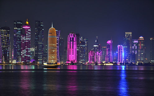 Города, Доха, Здание, Город, Свет, Ночь, Катар, Небоскреб, HD обои HD wallpaper