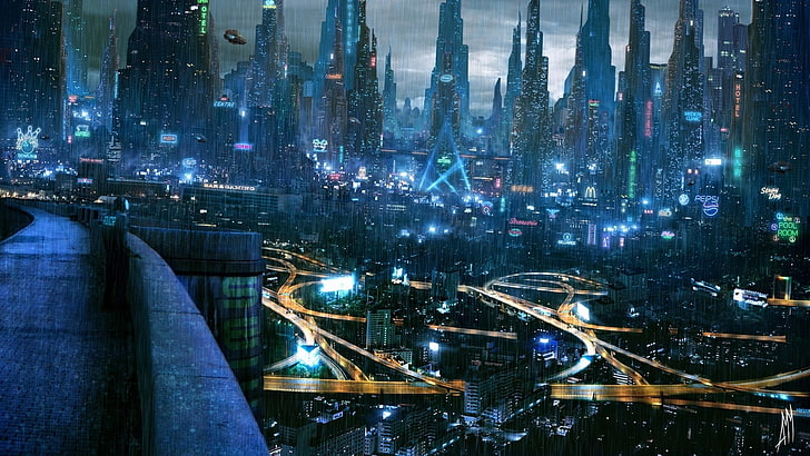 التصوير الجوي للهروب من المدينة في الليل ، السايبربانك ، مناظر المدينة ، المدينة ، المدينة المستقبلية ، الفن الرقمي ، العمل الفني، خلفية HD