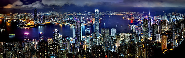 здание, ночь, небоскреб, гонконг, многоэкранный режим, город, гавань, фонари, двойные мониторы, HD обои