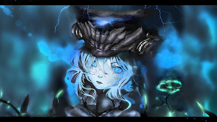 personnage de jeu d'ordinateur, yeux bleus, éclairs, Cosmos (fleur), collection Kantai, magie, couronne, vignes, yeux embrasés, Fond d'écran HD