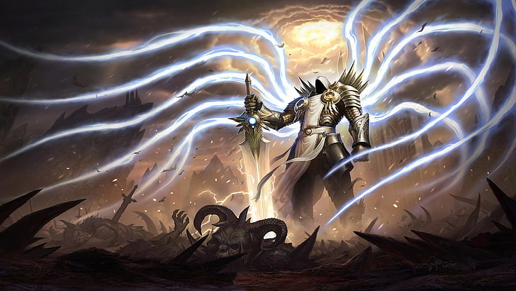 prajurit dengan ilustrasi sayap, Diablo, Diablo III, Diablo 3: Reaper of Souls, video game, Tyrael, seni fantasi, seni digital, Wallpaper HD